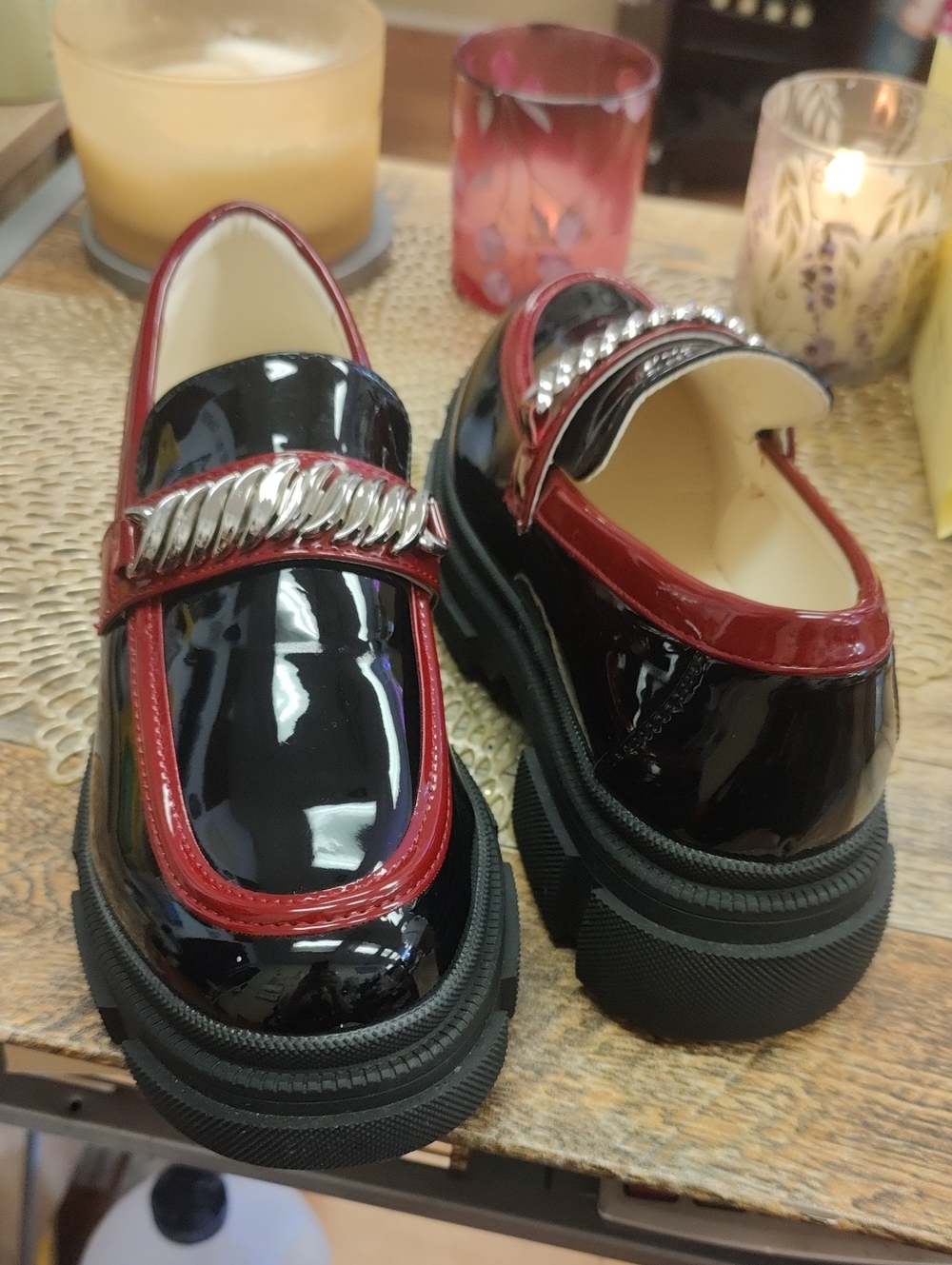Patent Leather Chunky Loafers with Red Trim and Silver Chain